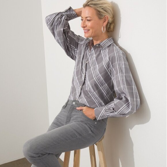 CHICO'S Poplin Billow Sleeve Gray Plaid Button Front Shirt Size 2 (US 12) - Picture 2 of 8